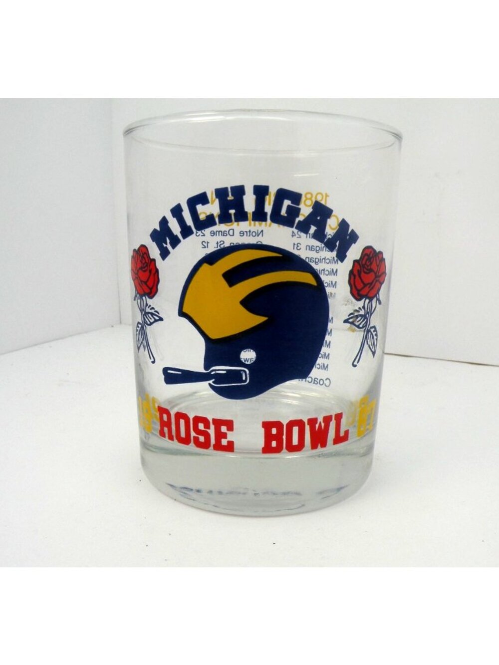 University Of Michigan 1987 Rose Bowl Vintage Glass Tumbler With Helmet & Rose G